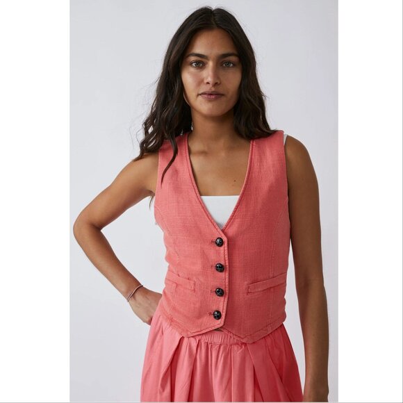FREE PEOPLE Charley Linen Blend VEST Size XL Watermelon NEW $98 - Picture 2 of 9